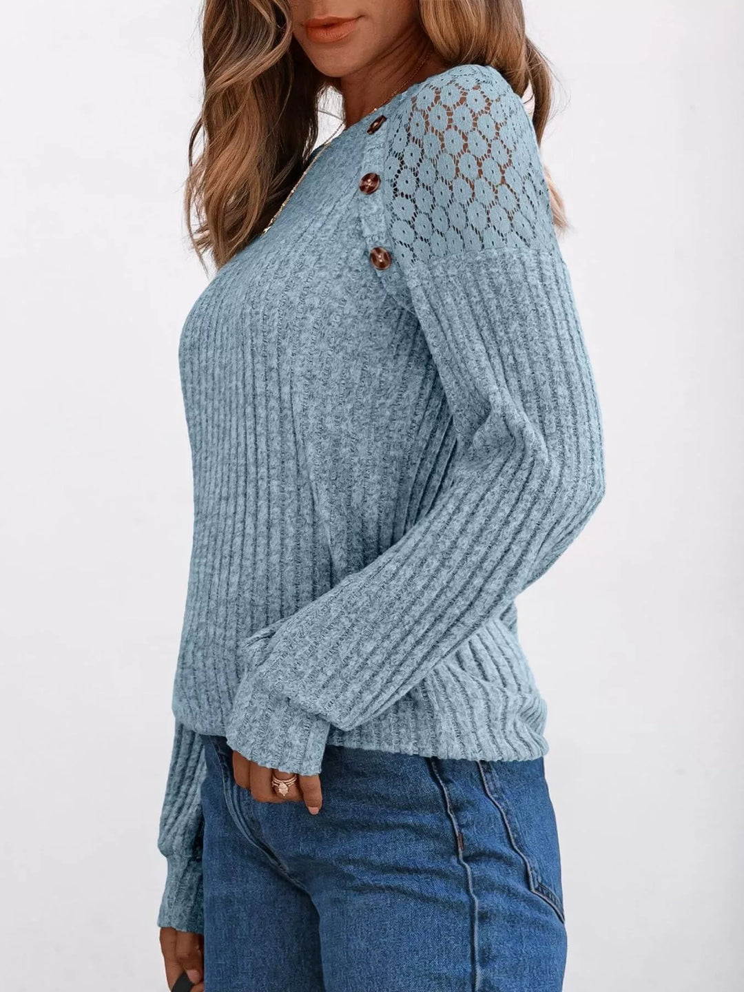 Ribbed knit long sleeve top with lace shoulder detail