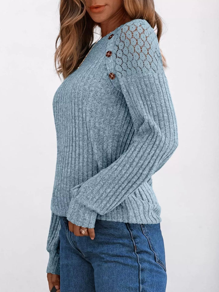 Ribbed knit long sleeve top with lace shoulder detail