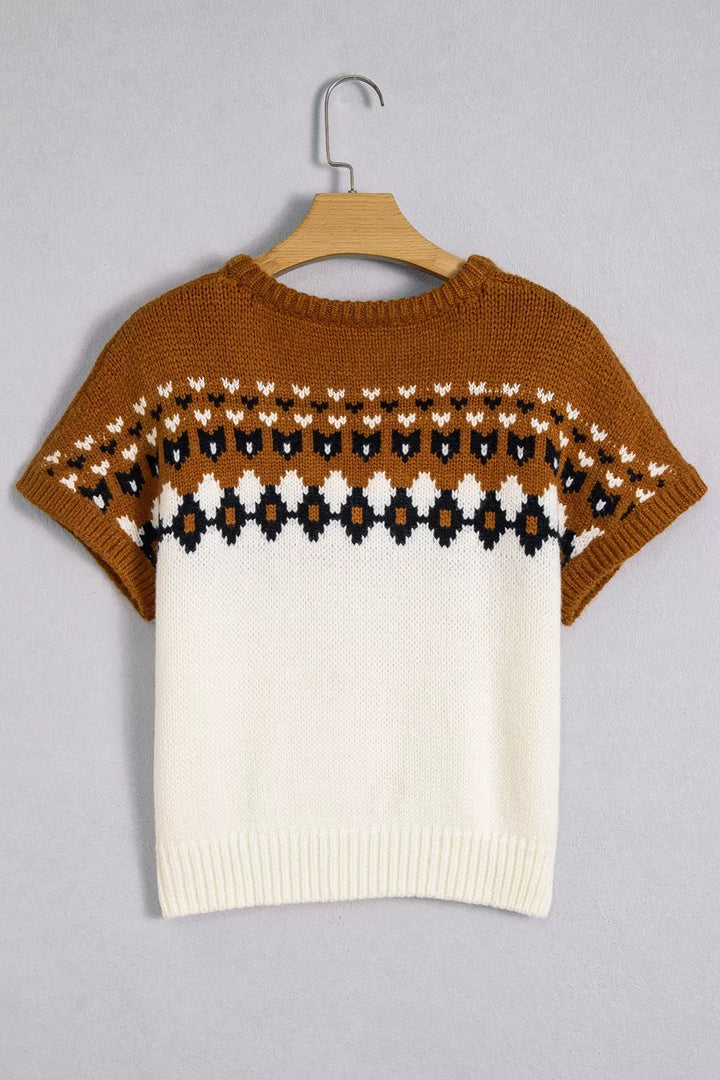 Geometric fair isle short sleeve V-neck sweater