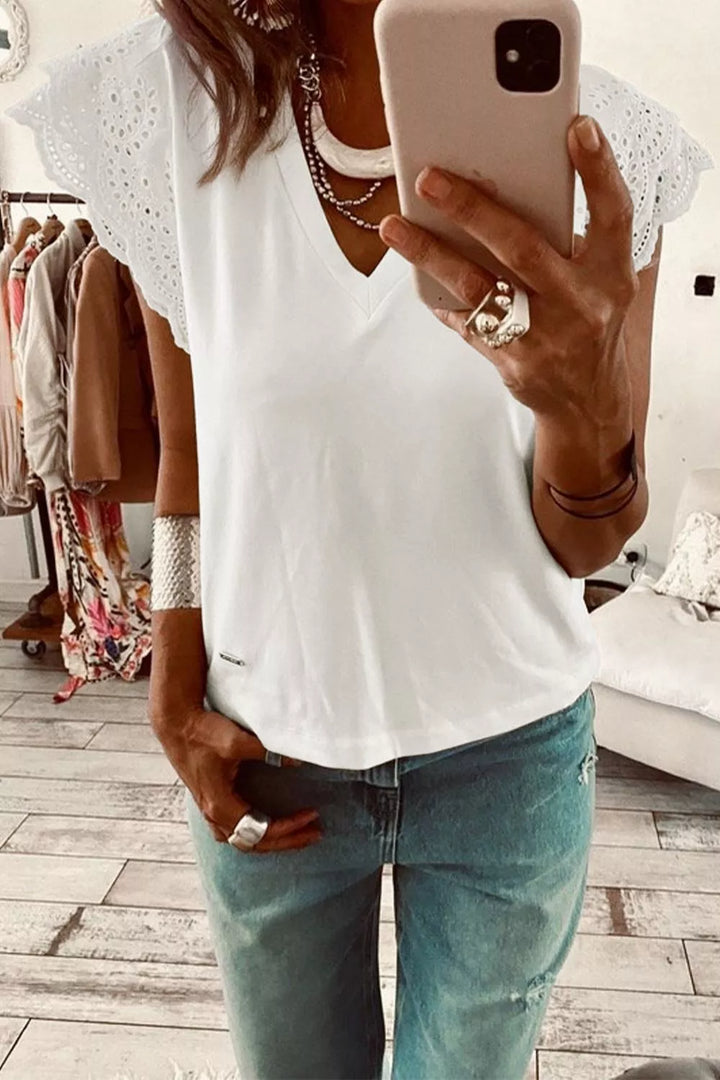 White V-neck tee with eyelet embroidered flutter sleeves