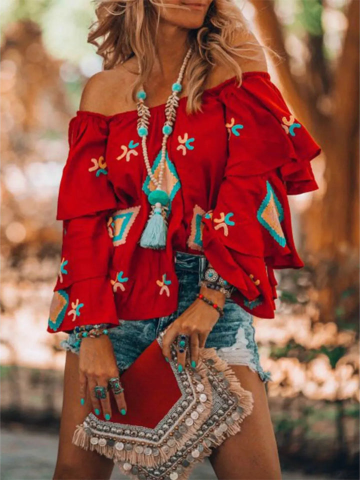 Off-shoulder embroidered tiered ruffle sleeve boho blouse