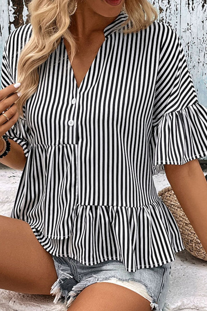 Striped flounce sleeve peplum blouse with notched neckline