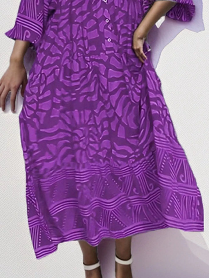 Abstract print button-front tiered midi dress