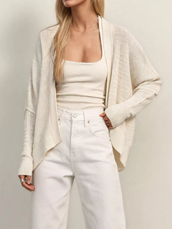 Open-front waffle knit cardigan with ribbed cuffs