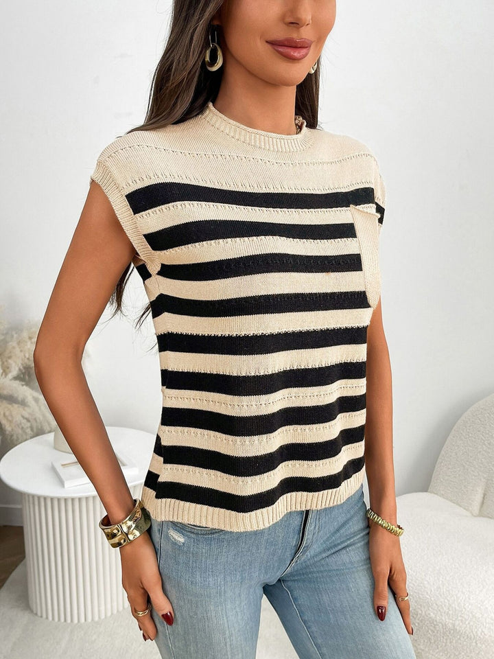 Striped knit cap sleeve top with patch pocket