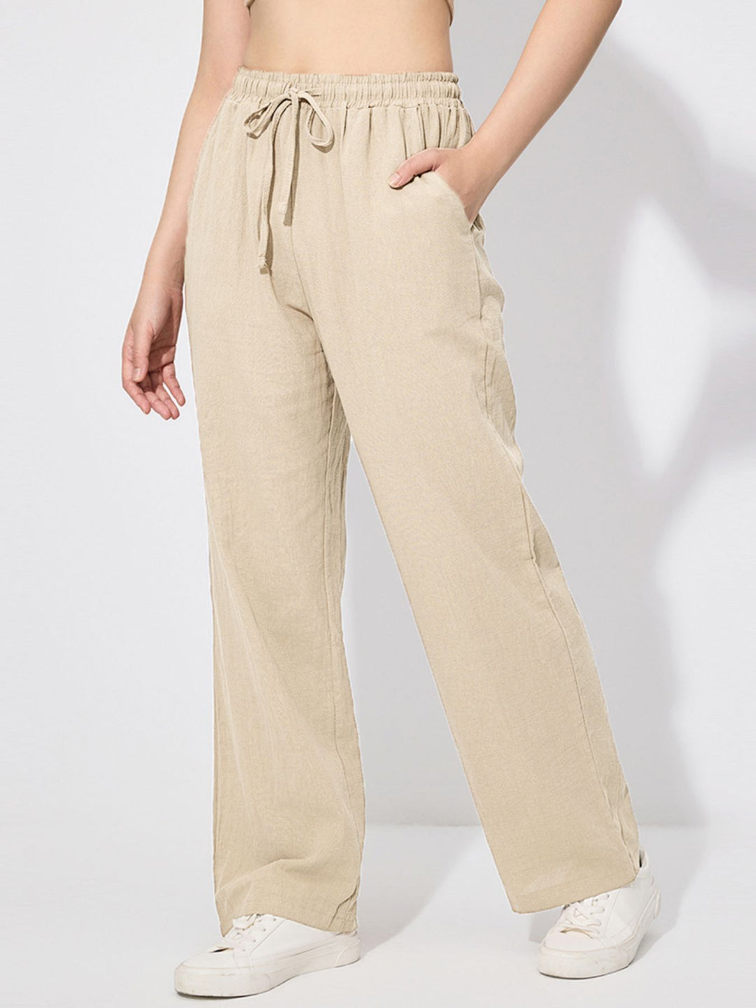 Apricot Drawstring wide-leg pull-on pants with side pockets