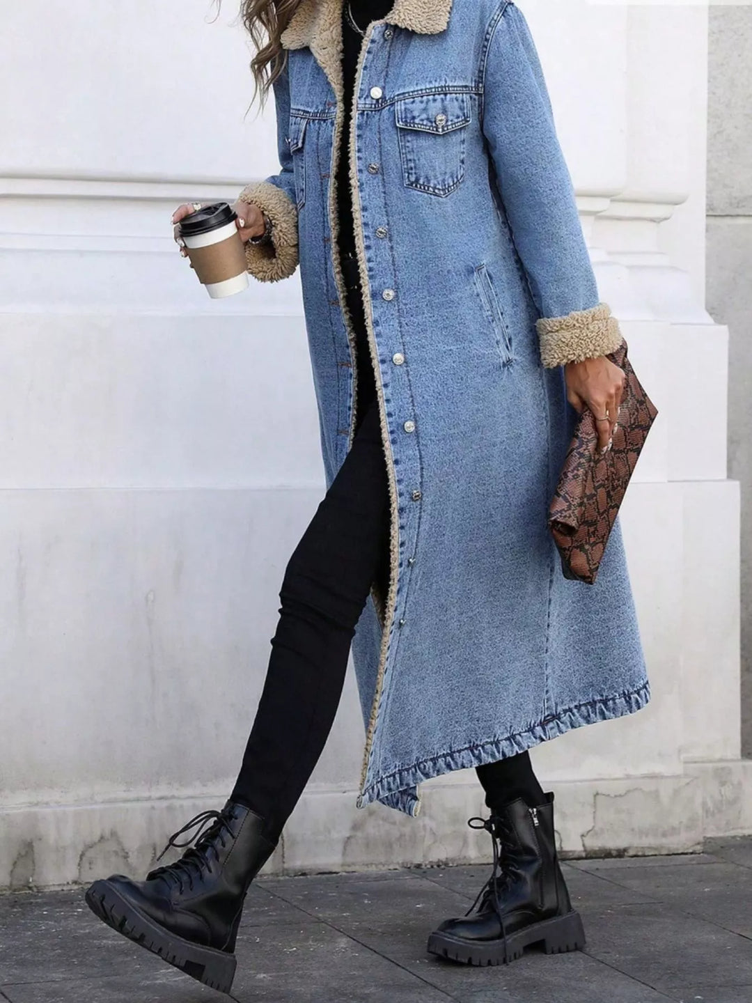 Sherpa-lined longline button-front denim jacket