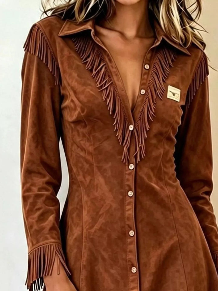 Fringe-trim faux suede button-down midi shirt dress