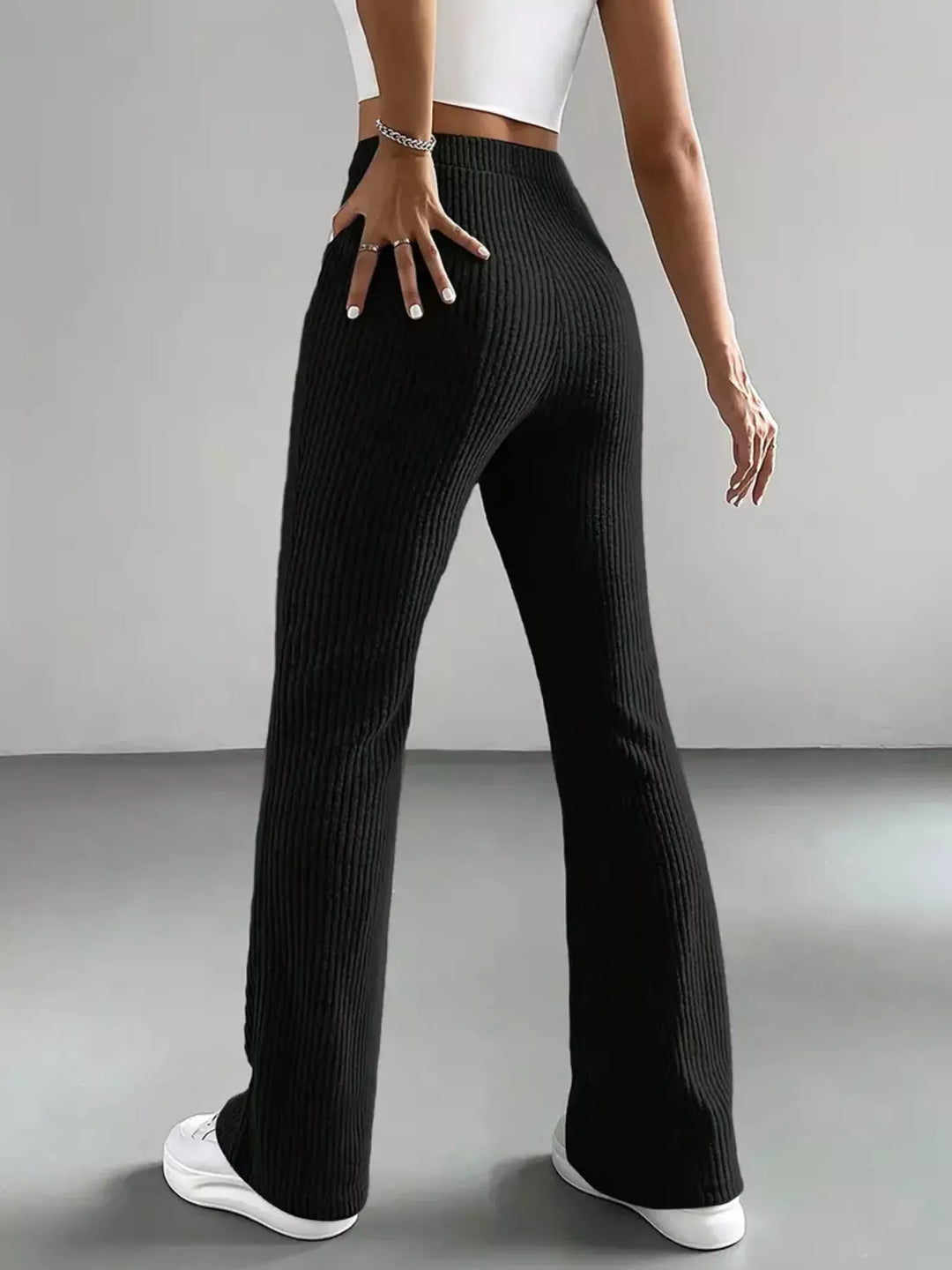 High-rise ribbed knit flare pants