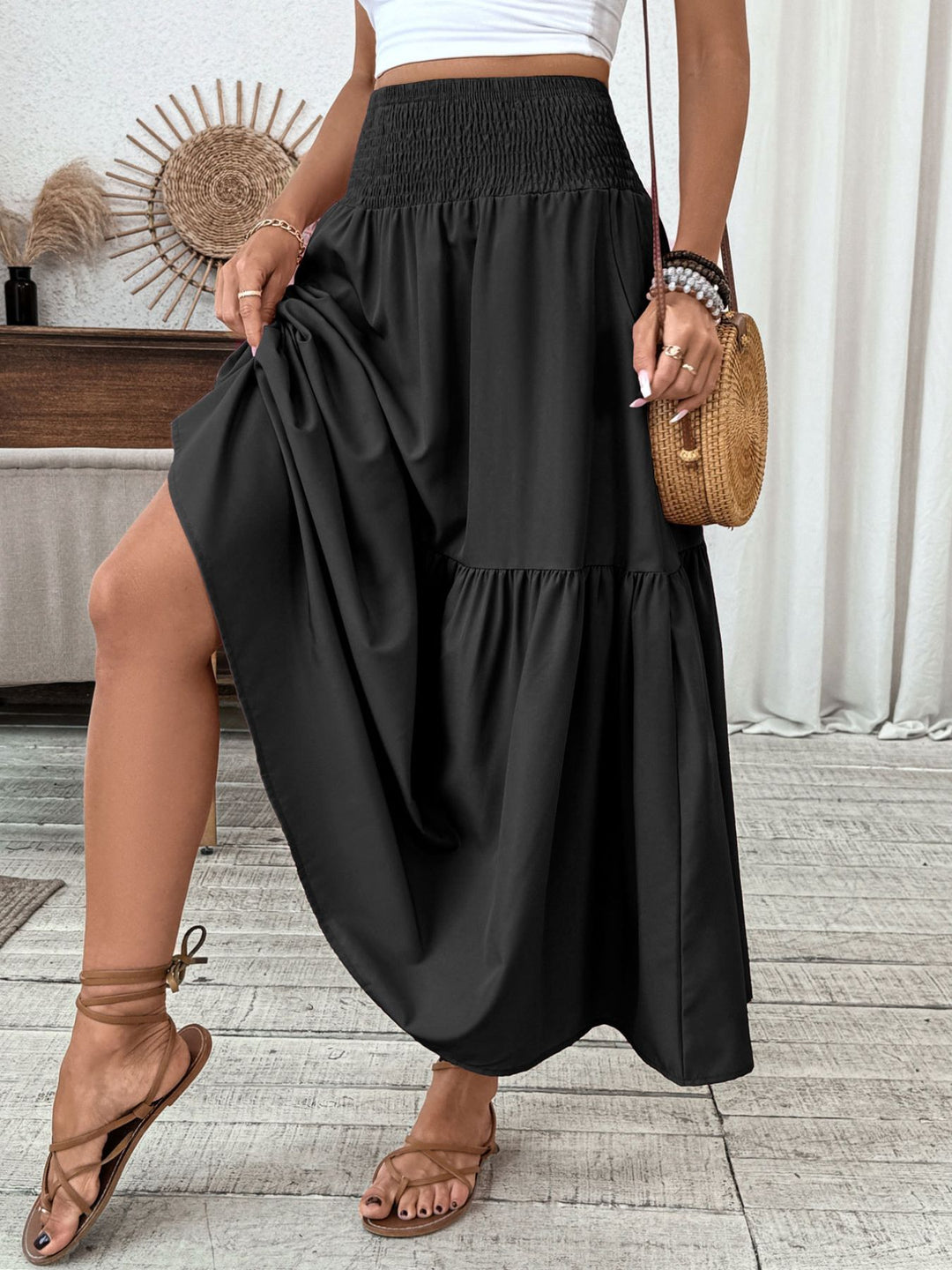 Black Smocked high-waist tiered ruffle maxi skirt