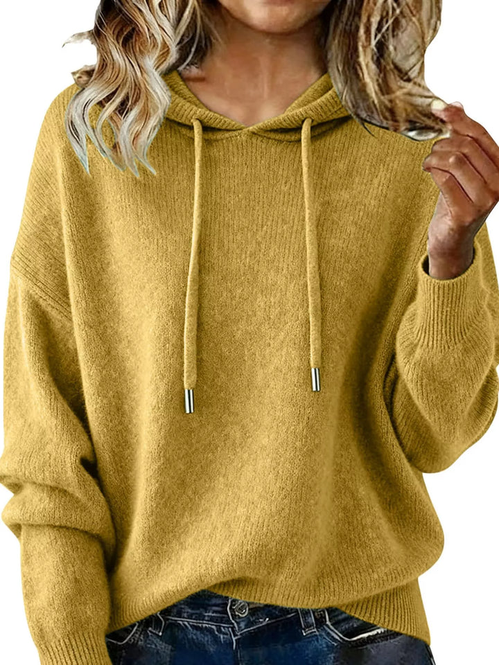 Mustard Drawstring hooded knit pullover sweater with ribbed cuffs