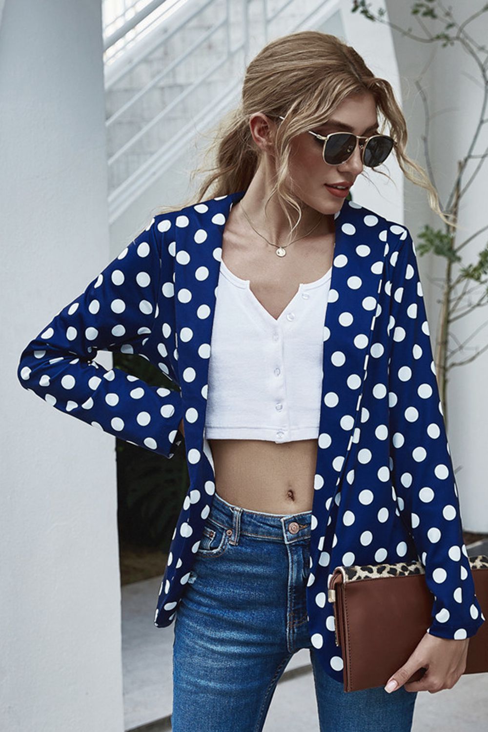 Polka dot open front long sleeve blazer