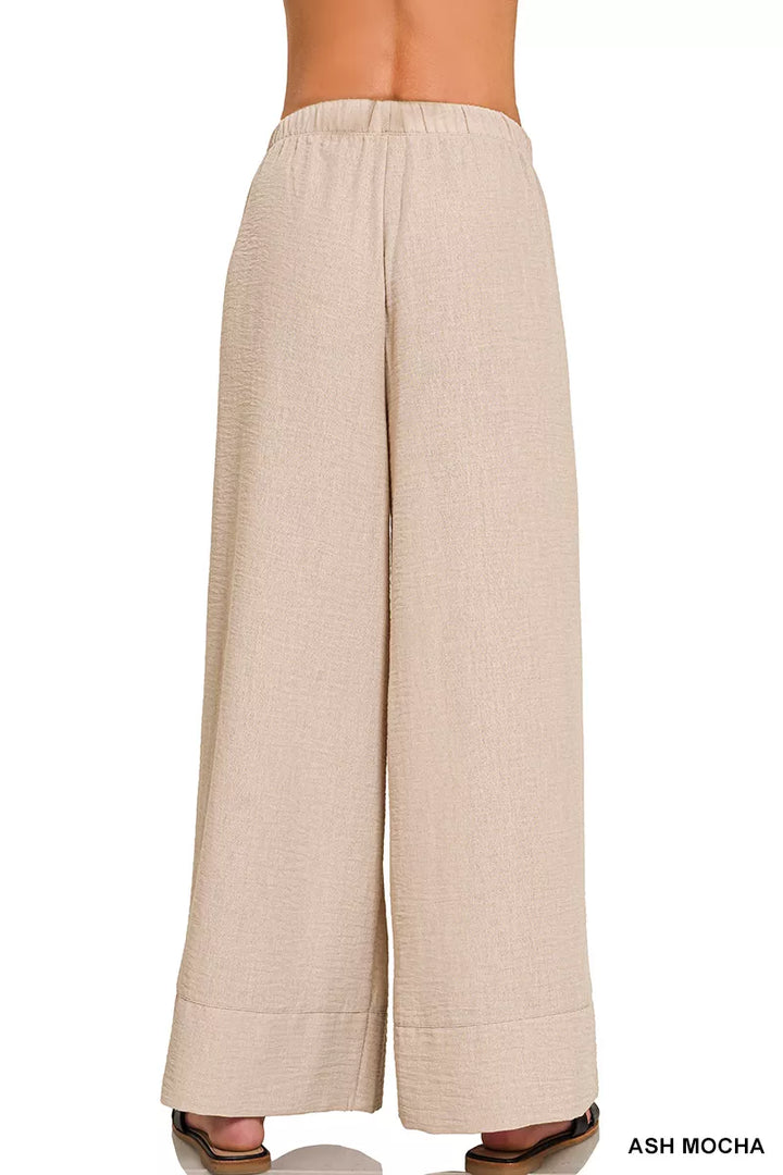 Wide-leg woven drawstring pants with side pockets