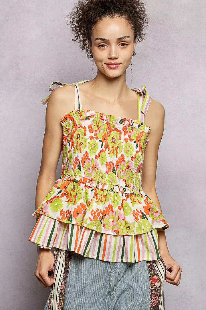 LIME MULTI Floral smocked cami with tiered peplum and tie shoulder straps