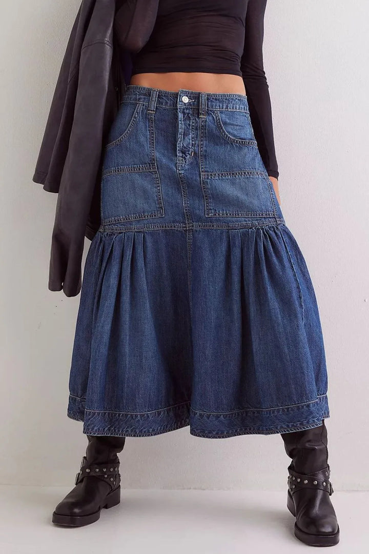 Dark High-rise tiered midi denim skirt with patch pockets