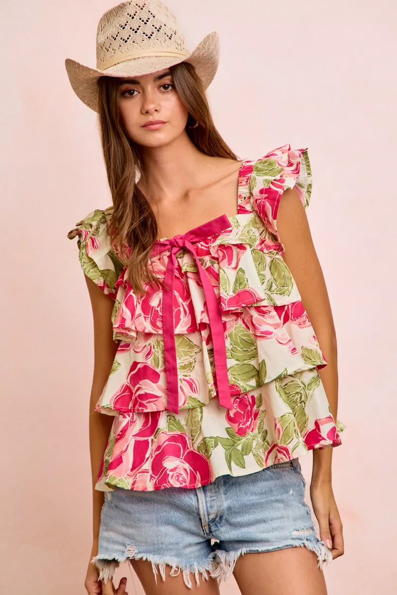 Floral print tiered ruffle top with square neck and bow
