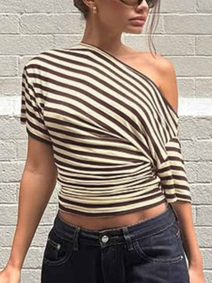 Taupe Striped one-shoulder crop top with twist front