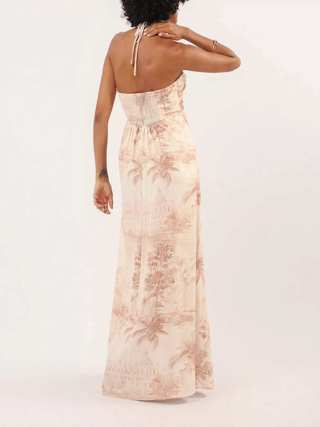 Tropical palm print halter neck maxi dress