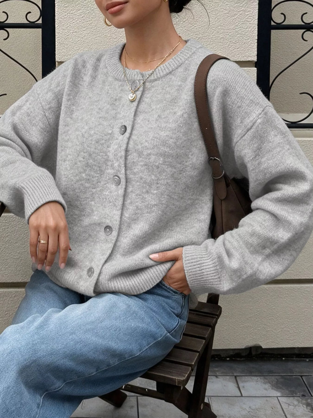 Brushed knit button-down cardigan with ribbed crew neck