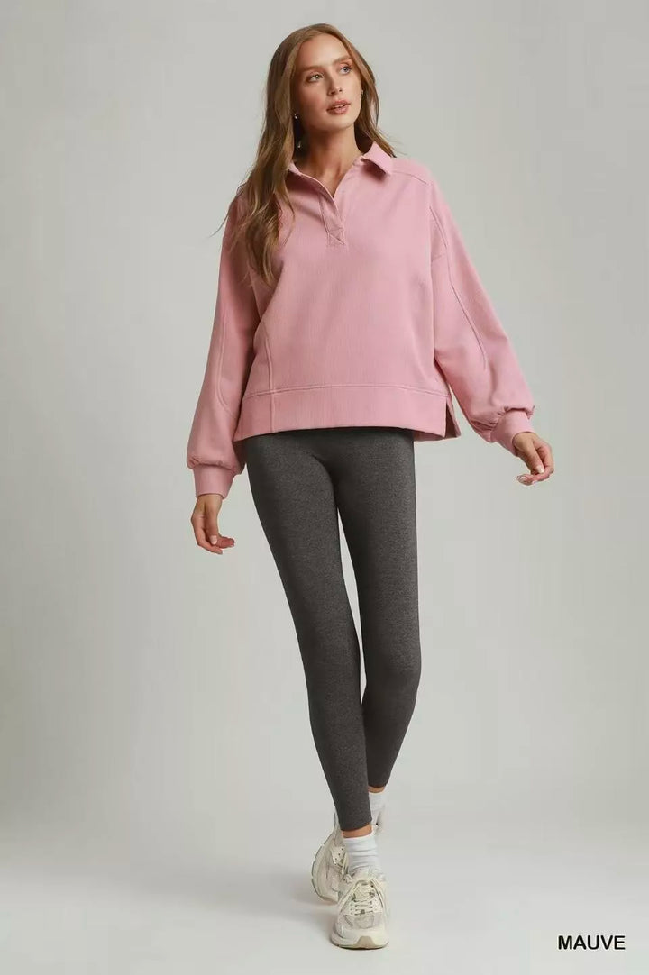 Polo collar brushed waffle pullover sweatshirt