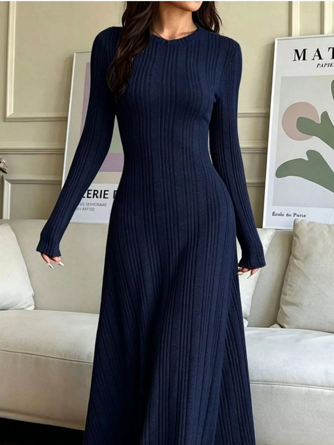 Ribbed knit long sleeve maxi dress with flared skirt