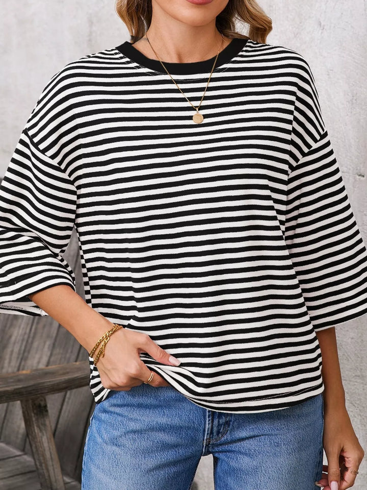 Striped oversized tee with back bow tie and keyhole cutout