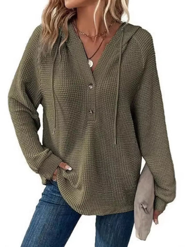 Green Button-detail waffle knit hoodie with drawstring hood