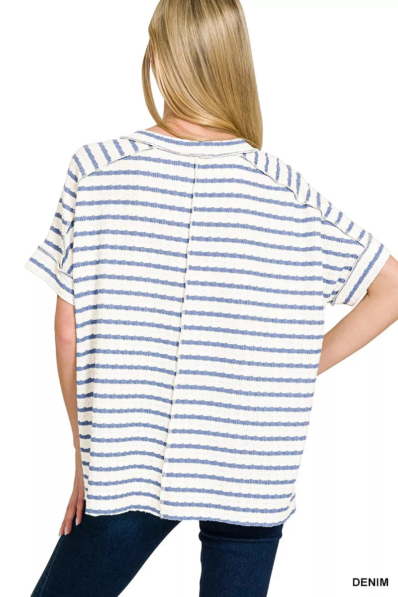 Textured stripe jacquard round neck tee with cuffed sleeves