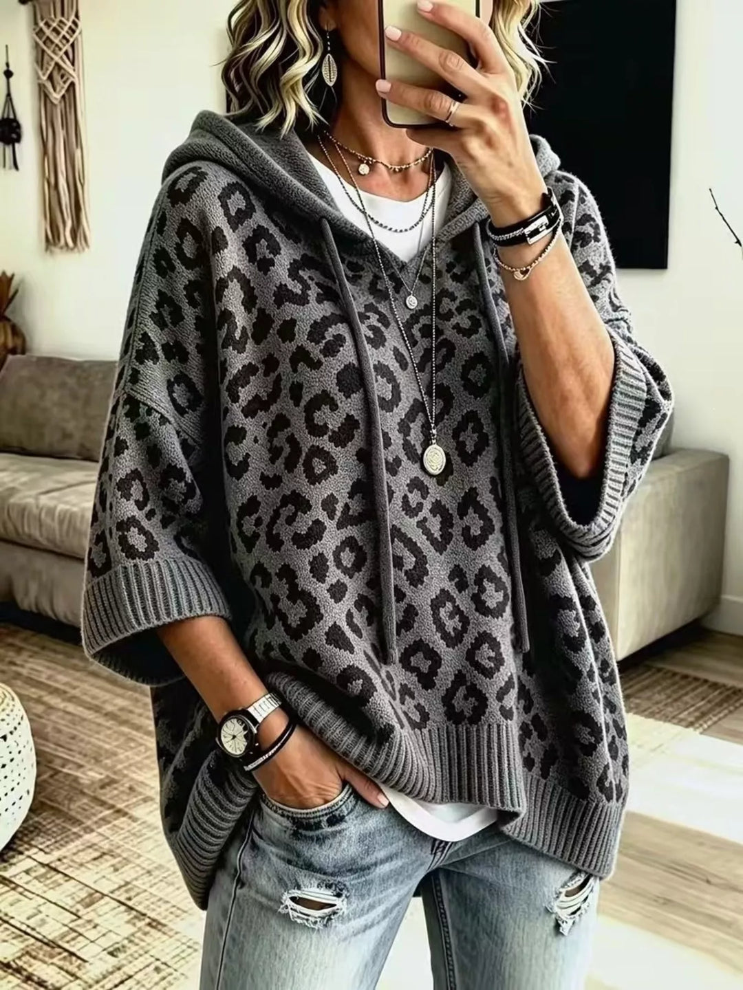 Dark Gray Leopard print drawstring hooded sweater with dolman sleeves