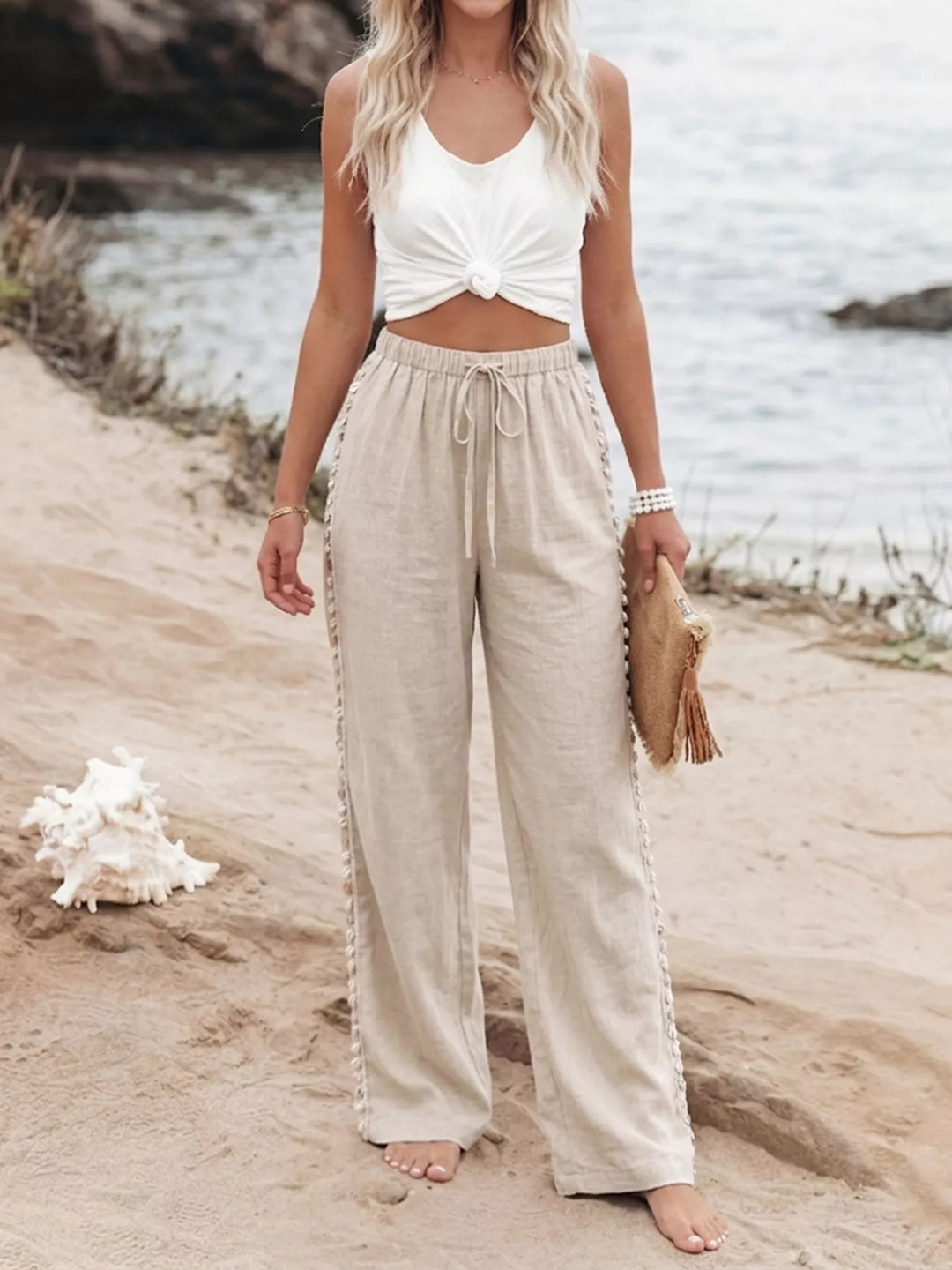Linen-blend wide leg drawstring pants with shell trim