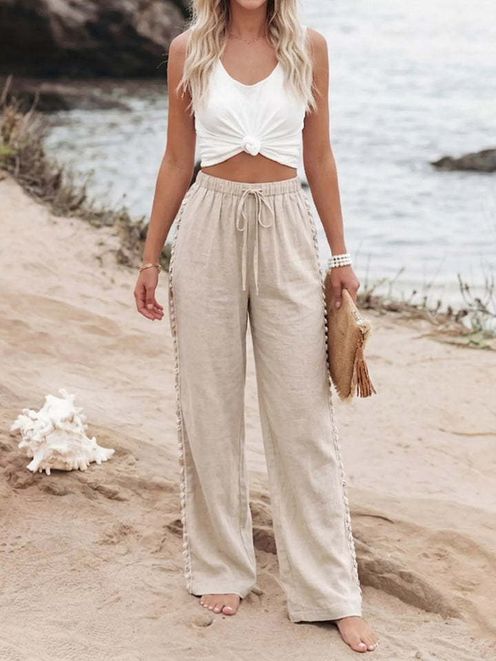 Linen-blend wide leg drawstring pants with shell trim