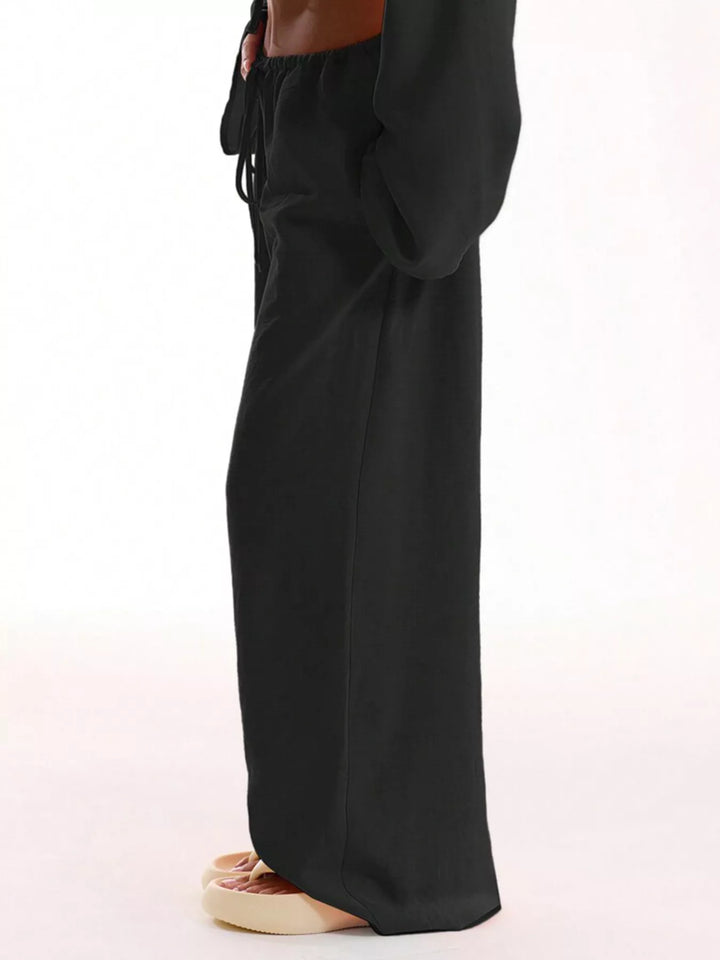 Linen-look drawstring wide-leg pants with side pockets