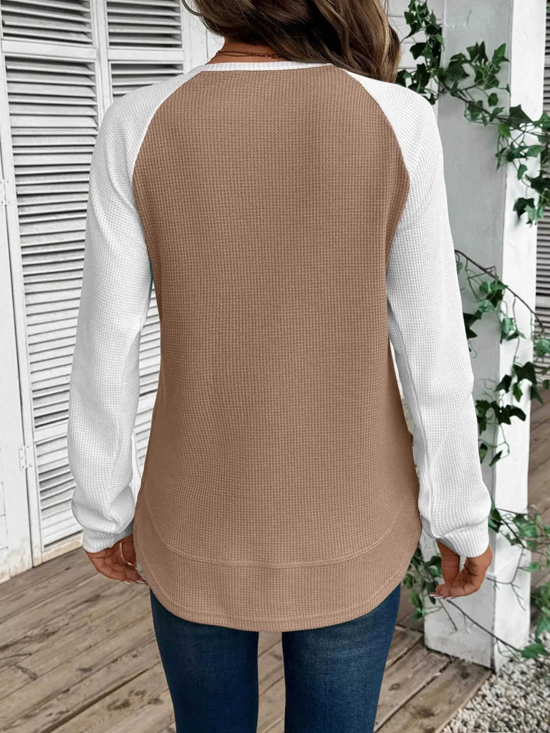 Waffle knit long sleeve raglan tunic top