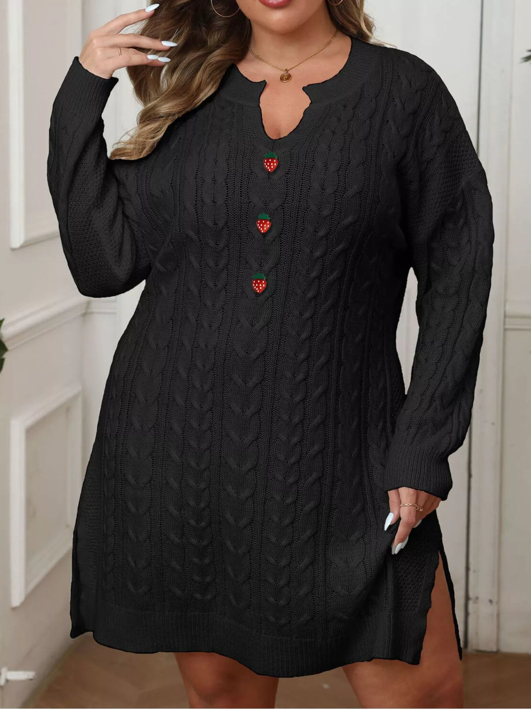 Black Cable knit sweater dress with strawberry buttons