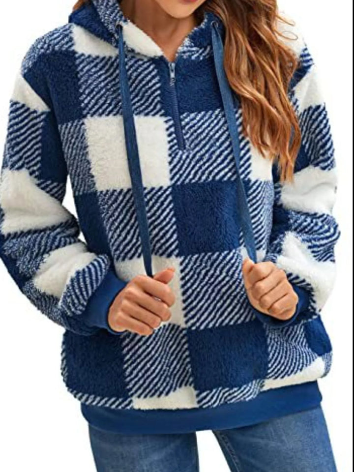 Plaid sherpa quarter-zip hoodie with front pocket