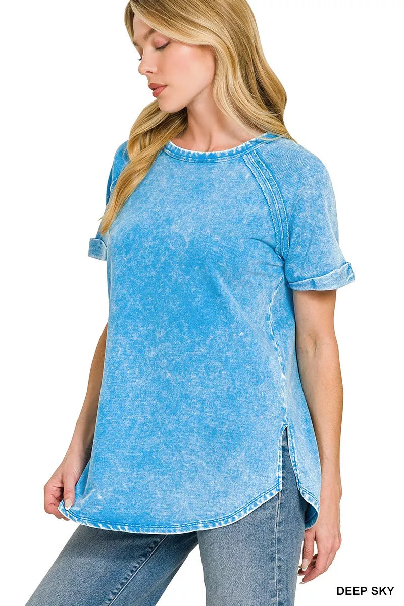 Washed French terry short-sleeve top with curved hem and side slits