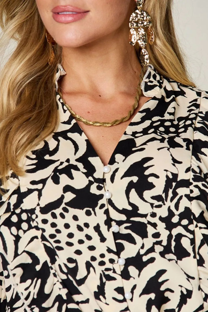 Printed balloon sleeve button-down shirt with ruffle trim