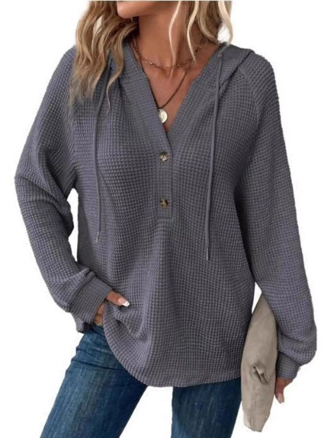 Dark Gray Button-detail waffle knit hoodie with drawstring hood
