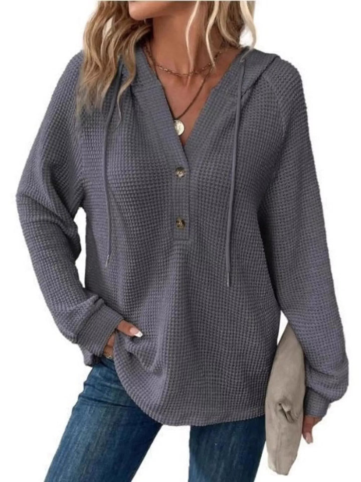 Dark Gray Button-detail waffle knit hoodie with drawstring hood