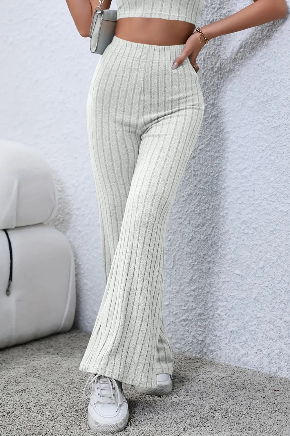 Ribbed knit high-waist flare pants with pull-on waist