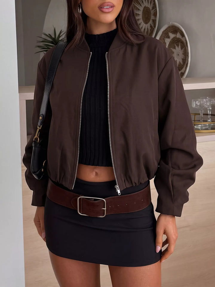 Dropped shoulder zip-up bomber jacket with band collar