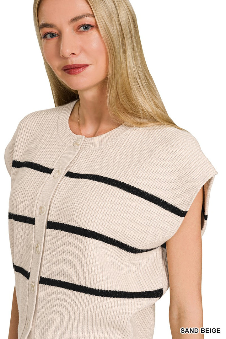Striped ribbed knit sweater vest with button-down front
