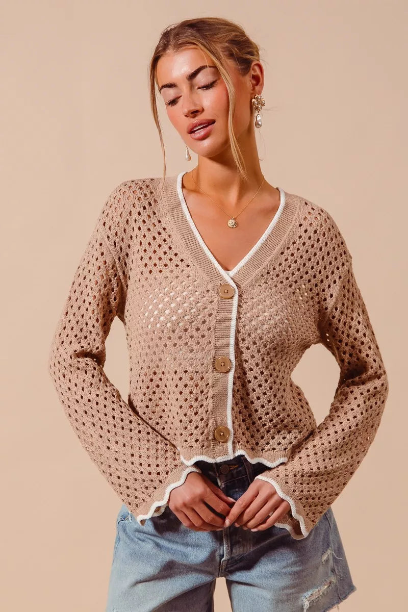 Taupe/Ivory Open knit button-front cardigan with scallop contrast trim