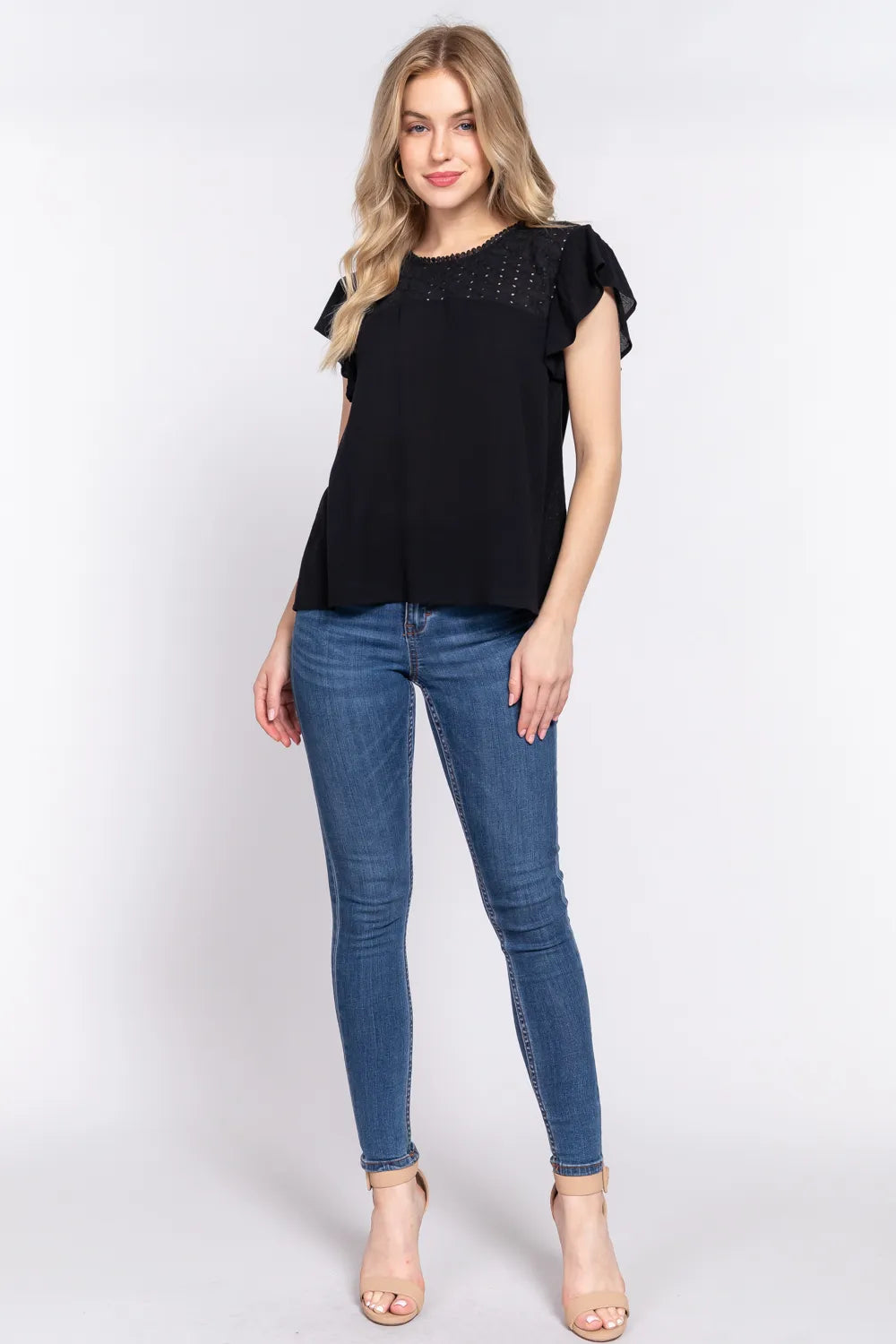 Ruffle flutter sleeve blouse with crochet yoke