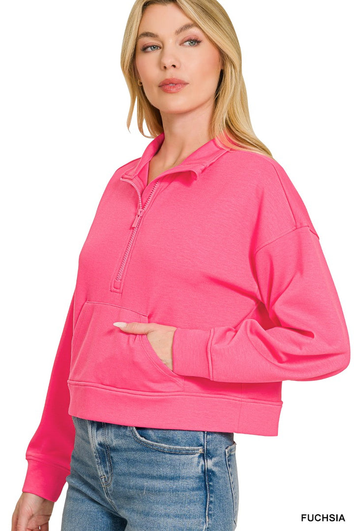 Cropped half-zip scuba pullover with kangaroo pocket