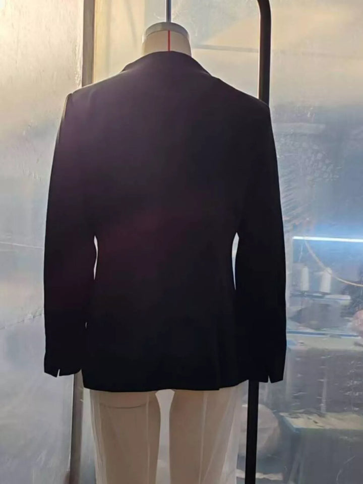 Collarless wrap-front blazer with cinched pleated waist