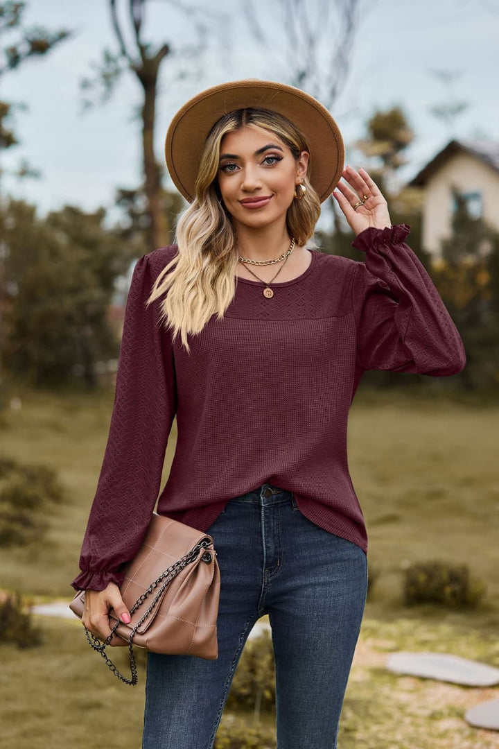 Burgundy Eyelet knit puff sleeve blouse with round neckline