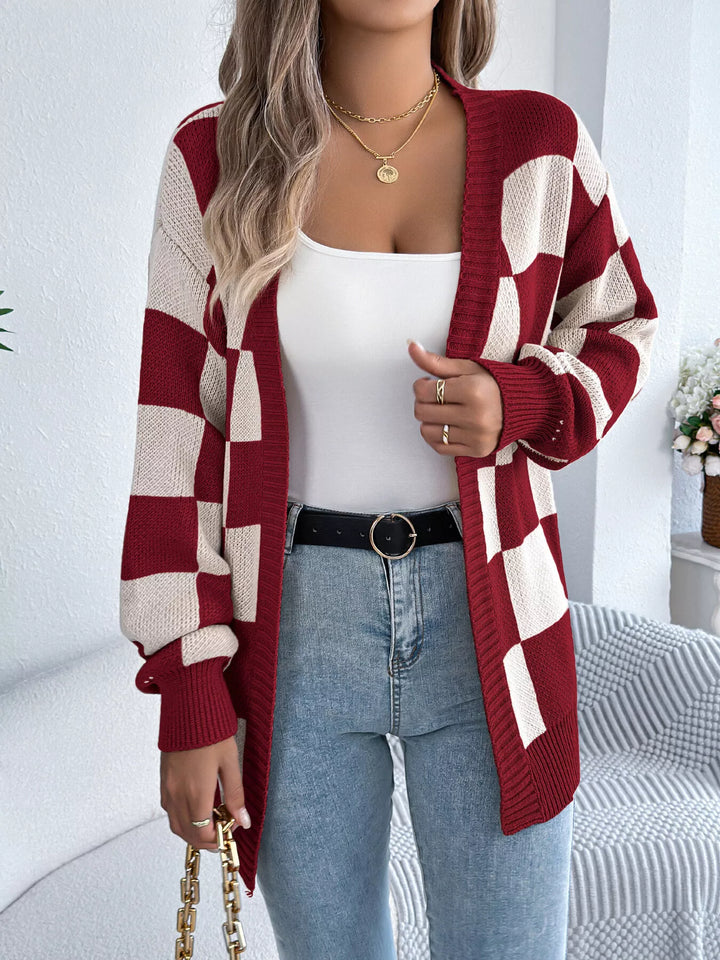 Checkerboard open front knit cardigan with ribbed trim