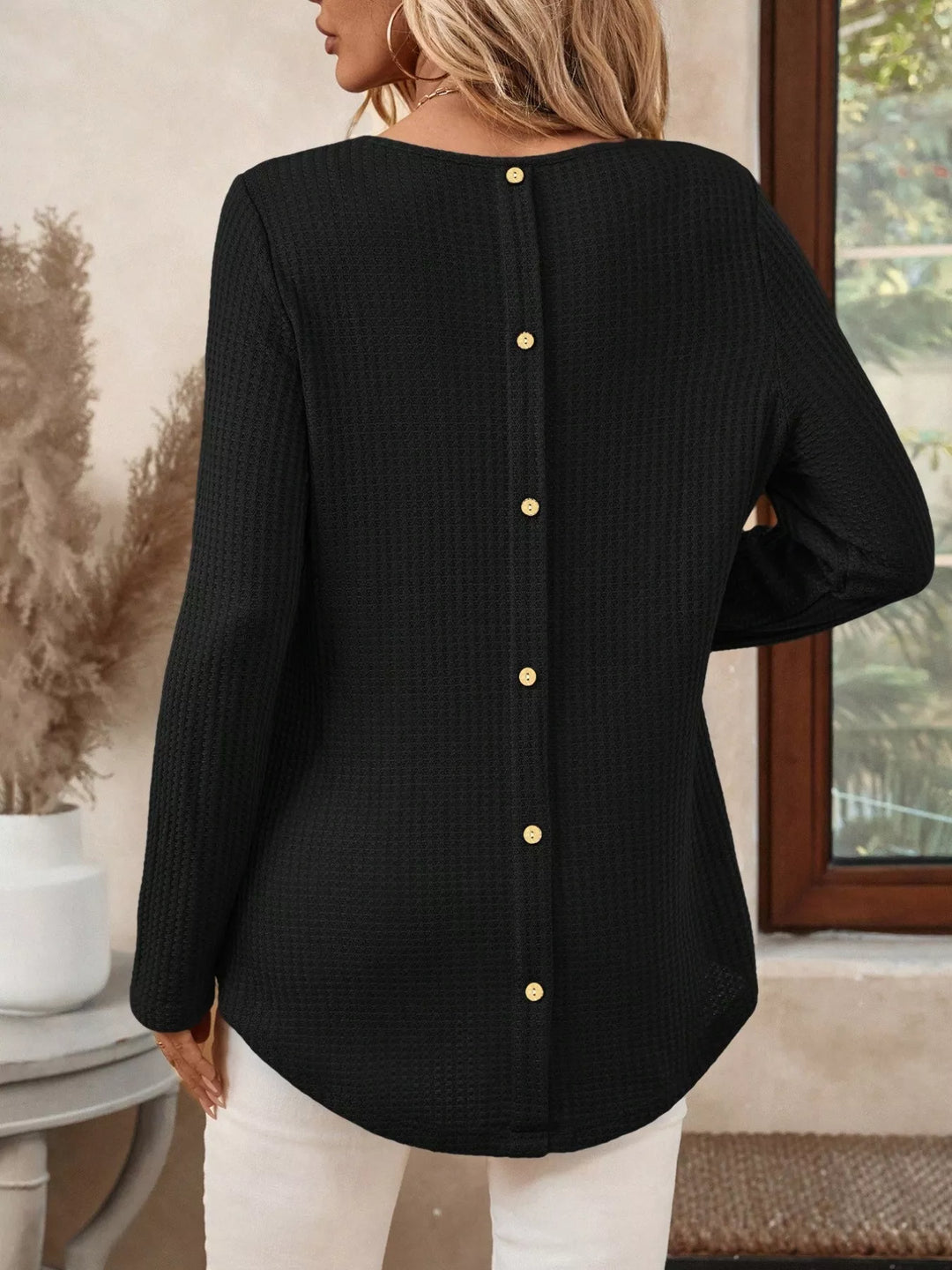Waffle knit crew neck long sleeve top with curved hem