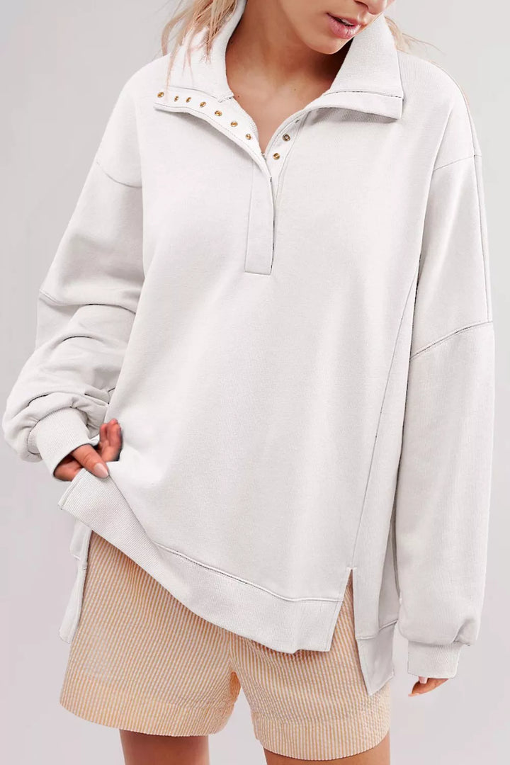 White Buttoned collar raw seam high-low baggy sweatshirt with slits